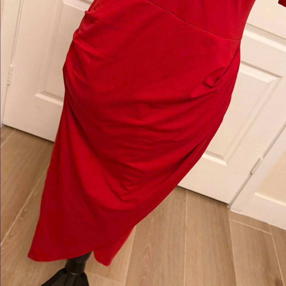 Fleur du Mal Red Deep Plunge Midi Dress with Side Ruching - Picture 5 of 13